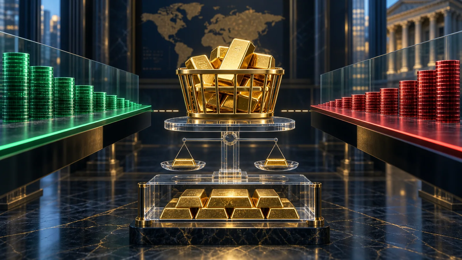 A gold-backed fund basket, transparent underlying bullion valuation, and separate bid and ask liquidity lanes show three distinct market measurements.
